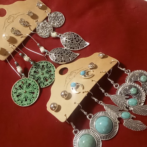 Earrings 12 pair NWT Southwest style blues, Greens, silver turquoise like stones - Picture 1 of 7